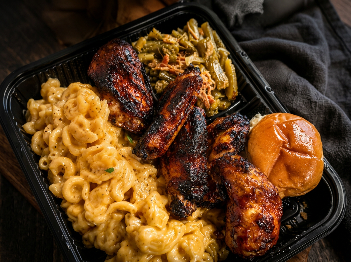 Signature meal prep tray: smoked BBQ ribs, mac and cheese, green beans, and a brioche roll