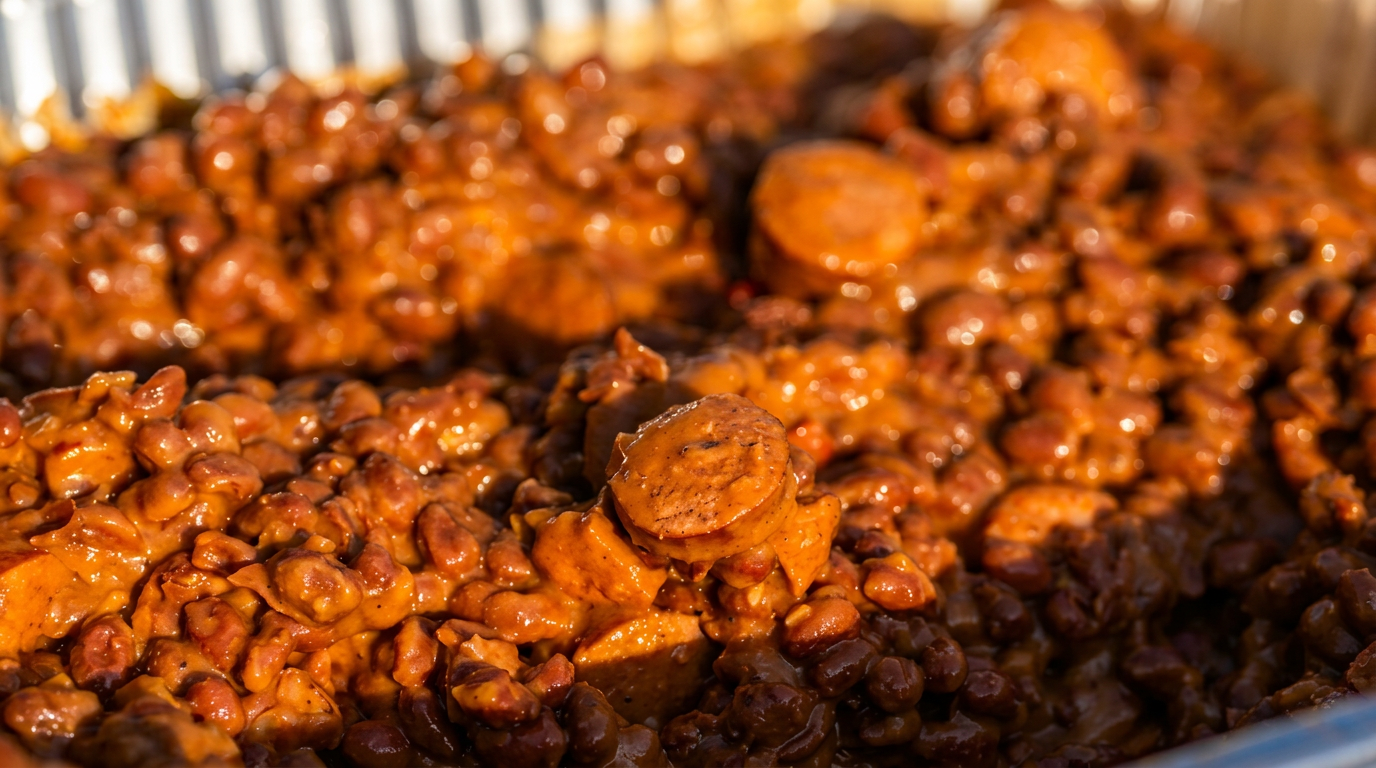 Slow baked beans with sausage in a catering tray