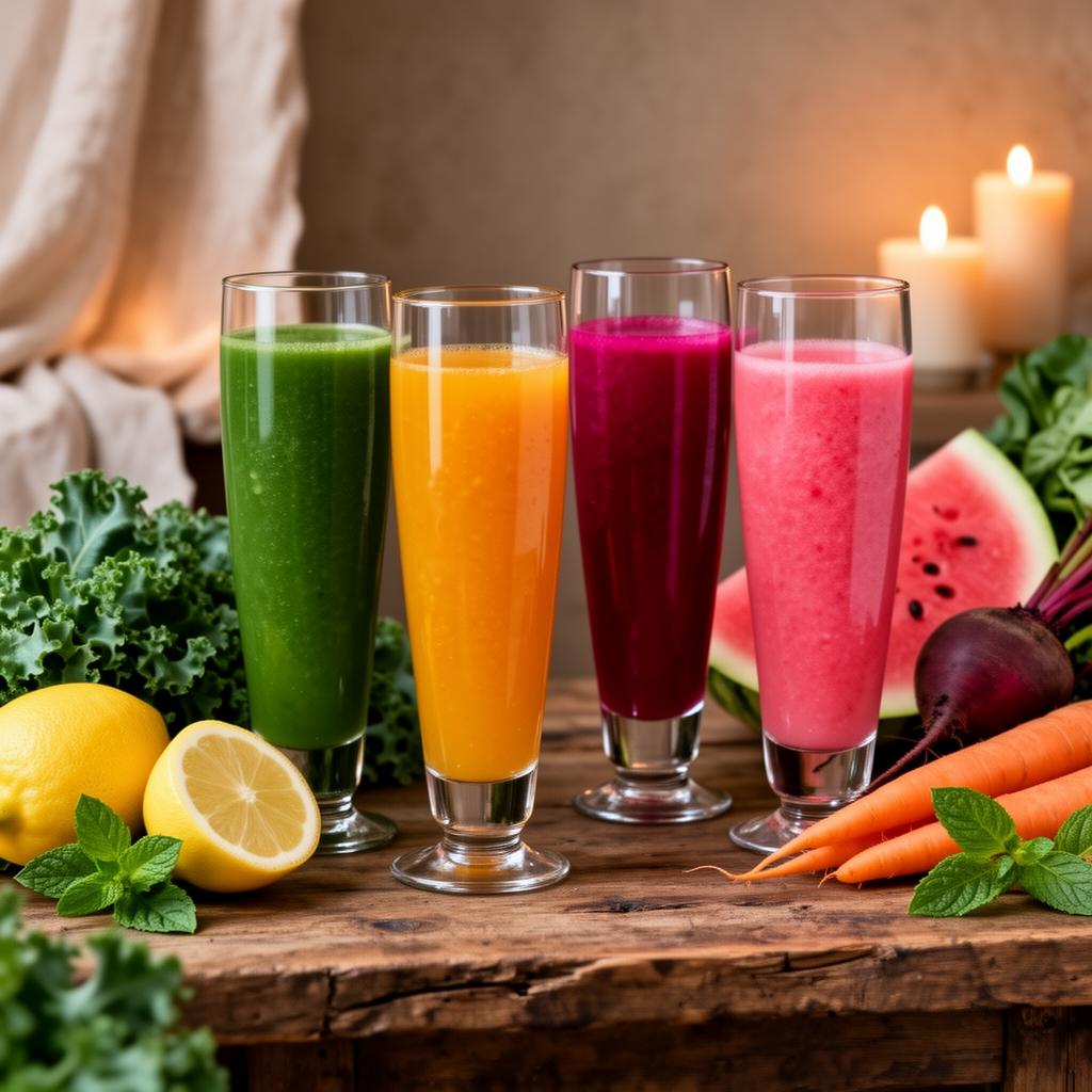 Colorful fresh pressed juices in glass bottles