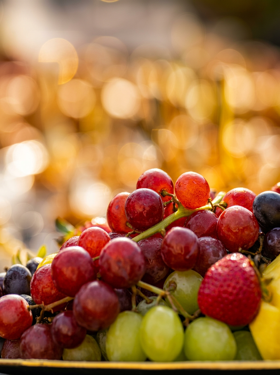Fresh fruit display with grapes and strawberries