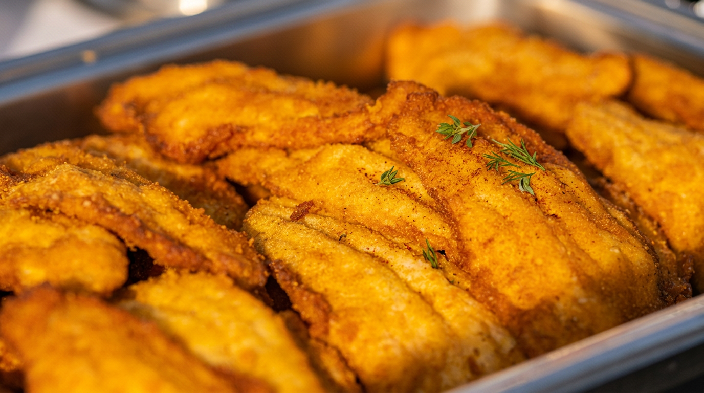 Golden fried fish prepared for a catered spread
