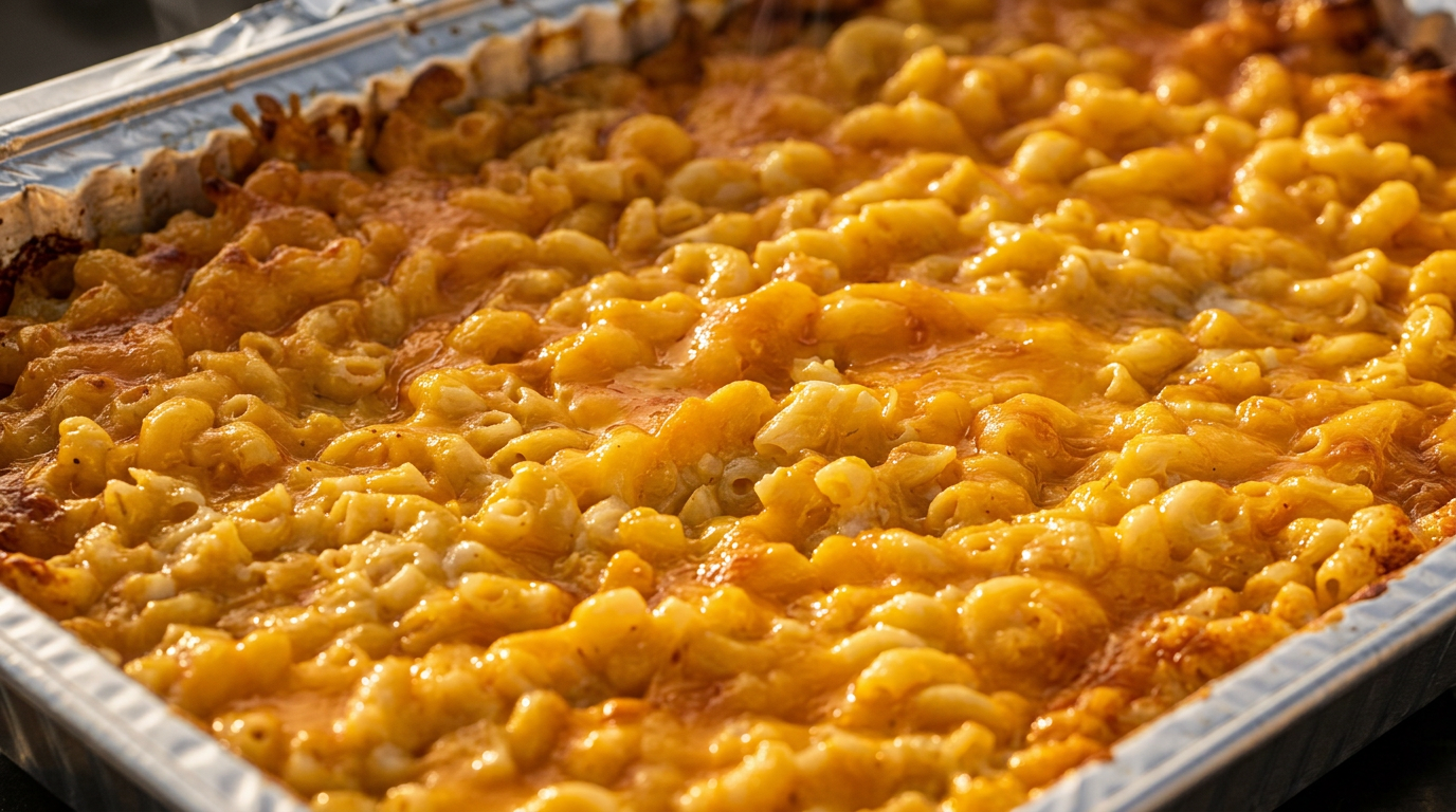 Creamy baked macaroni and cheese in a catering pan
