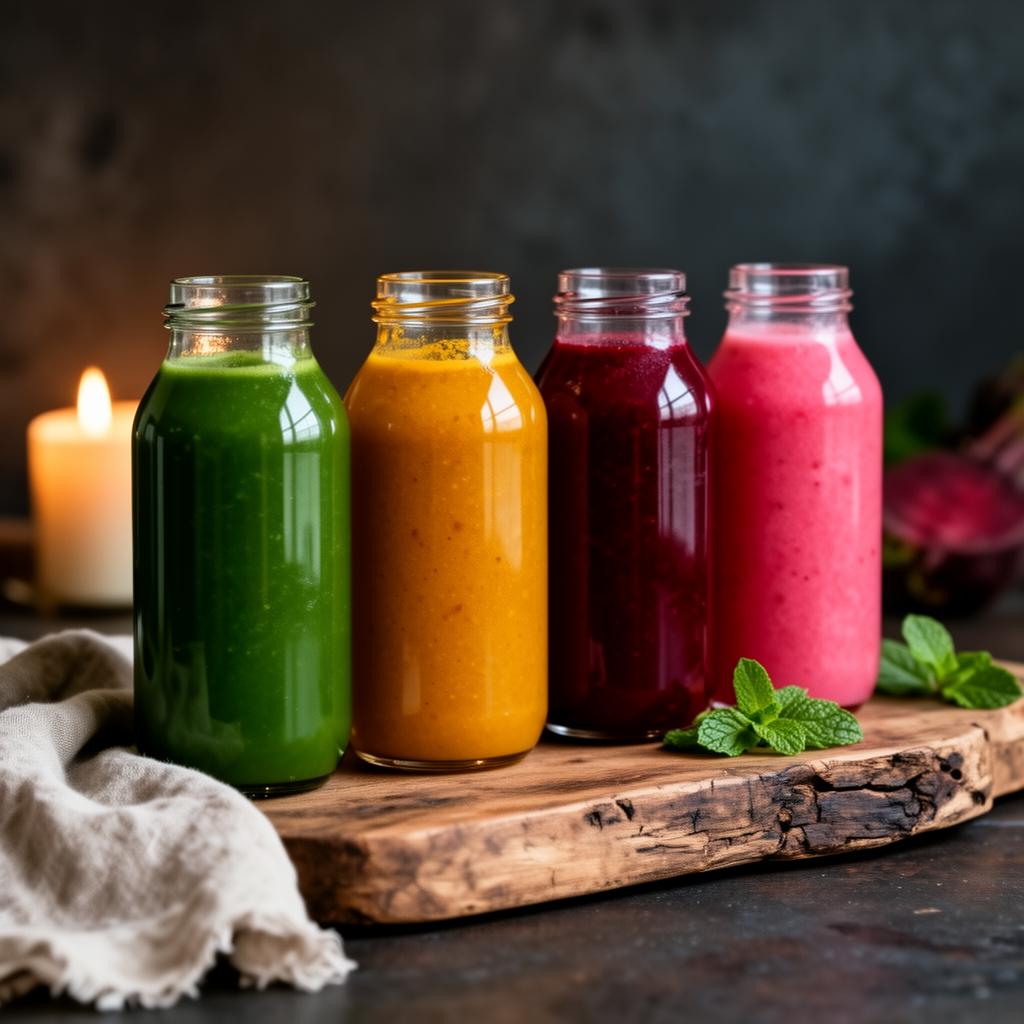 The four signature bottled juices: Green Detox, Golden Sunrise, Beet Revival, and Watermelon Mint