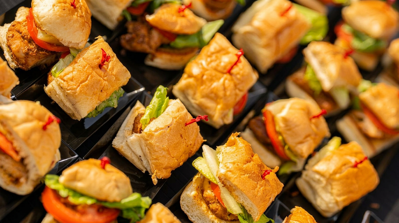 Catered chicken sliders on black serving trays