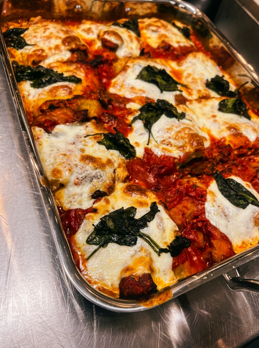 Baked lasagna tray with melted cheese and basil
