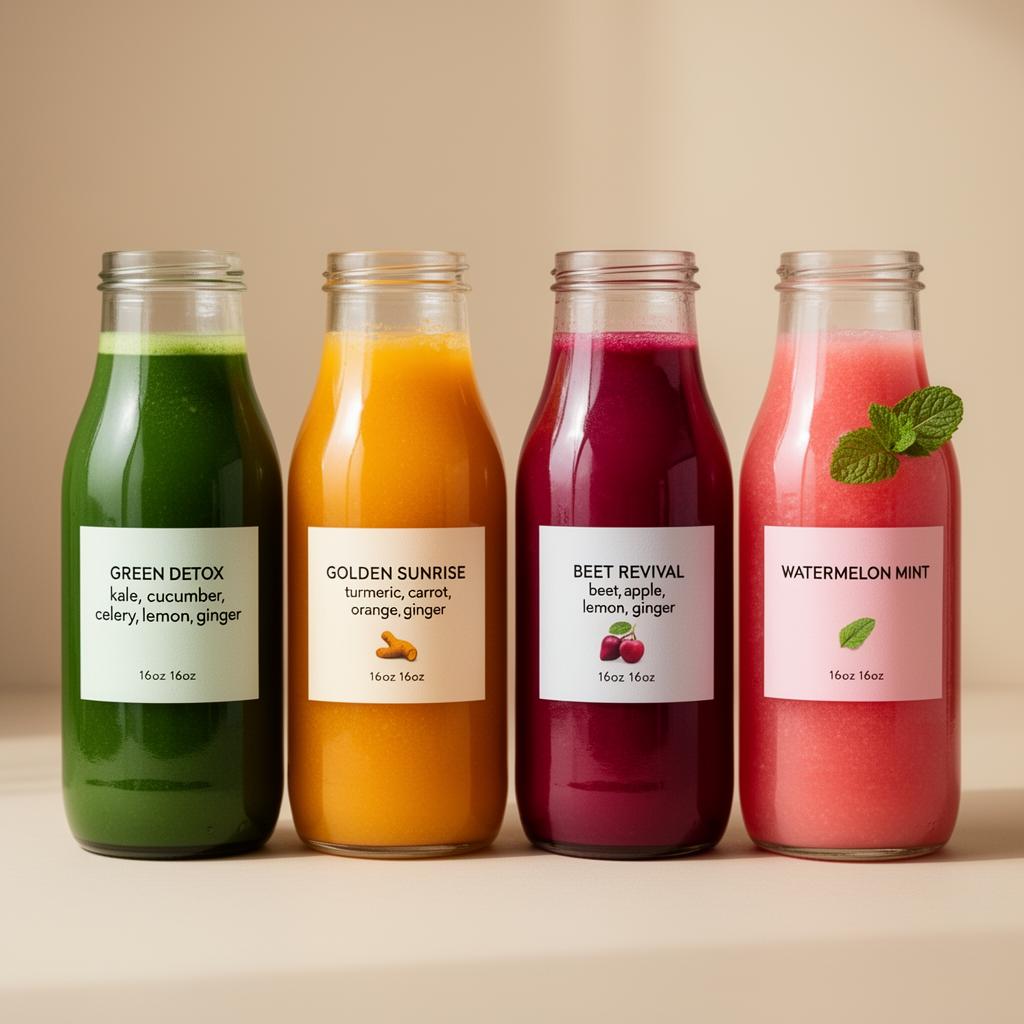The four signature bottled juices: Green Detox, Golden Sunrise, Beet Revival, and Watermelon Mint